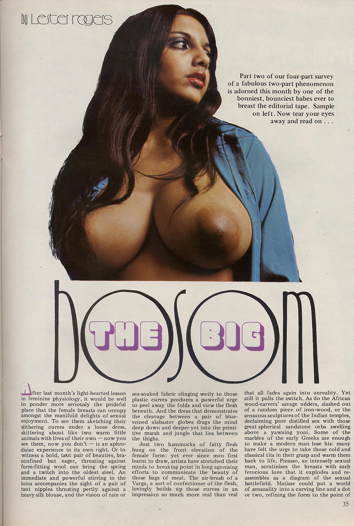 Page one of The Big Bosom article from 1973 - New Direction (May)